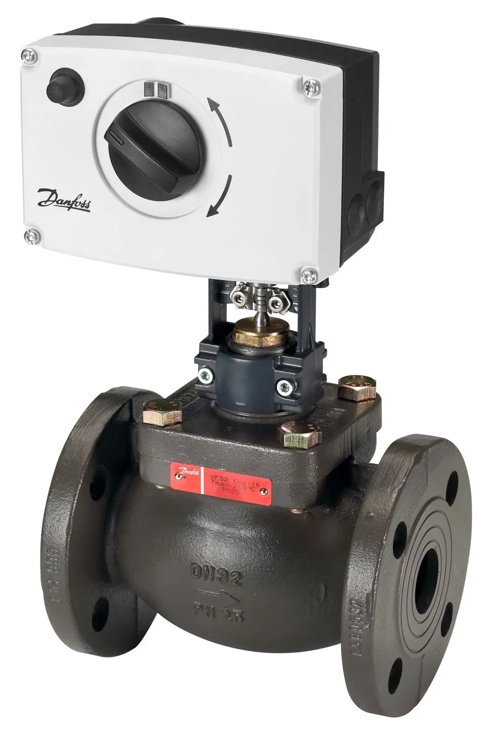 Elektrischer Stellantrieb von Danfoss mit einem grauen Gehäuse und montierter Steuerung. Der Antrieb ist für Ventile konzipiert und zeigt mechanische Komponenten.